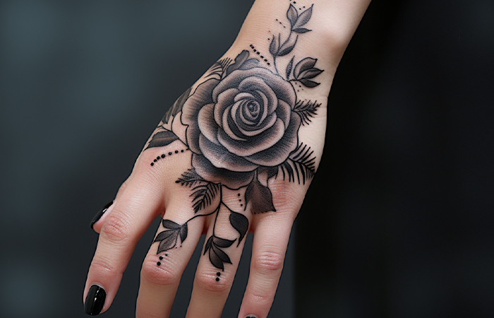 A tropical black rose hand tattoo