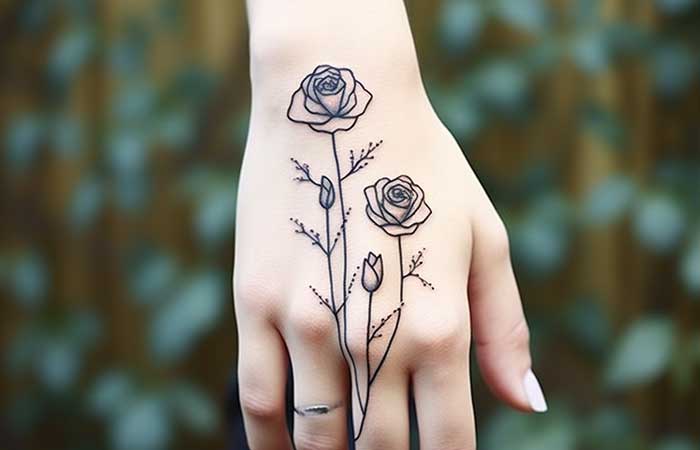 A wild rose outline hand tattoo