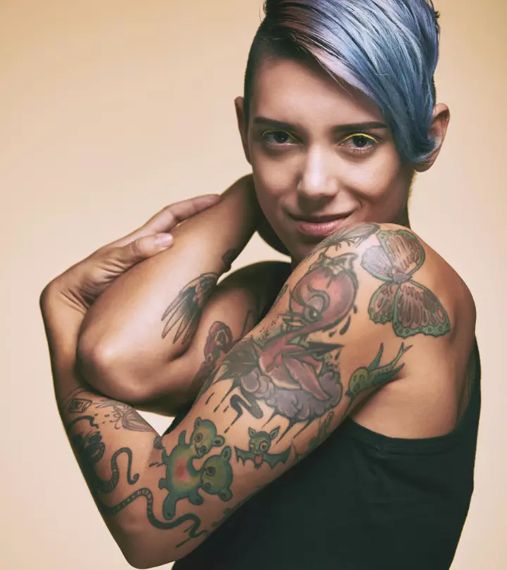 A woman flaunting her tattoos