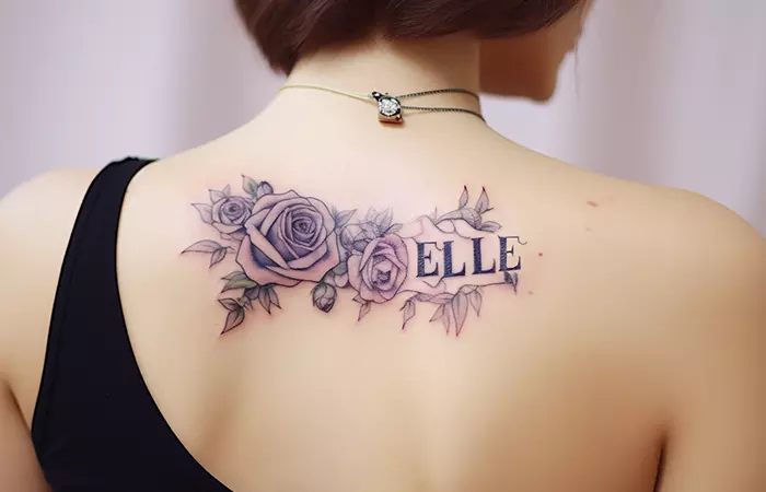 An aristocratic-style name and purple rose tattoo on the back