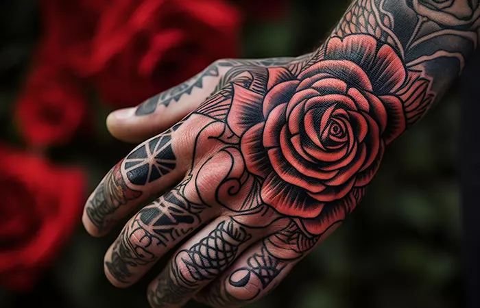 An artistic red rose with multiple petals tattooed on the back of the hand