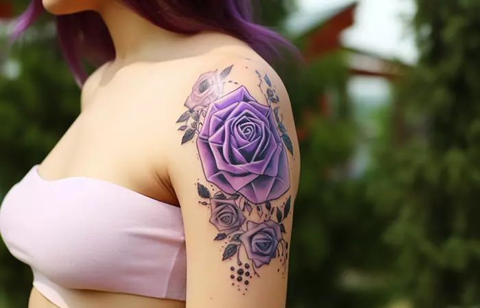 An artistic rendition of purple roses for a shoulder tattoo