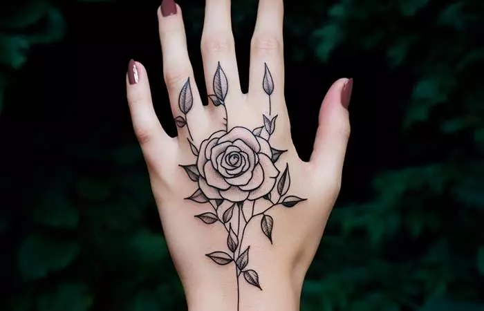 An artistic rose and leaf outline tattoo on the back of the hand
