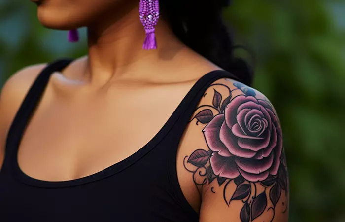 An epaulet-style black and purple rose tattoo