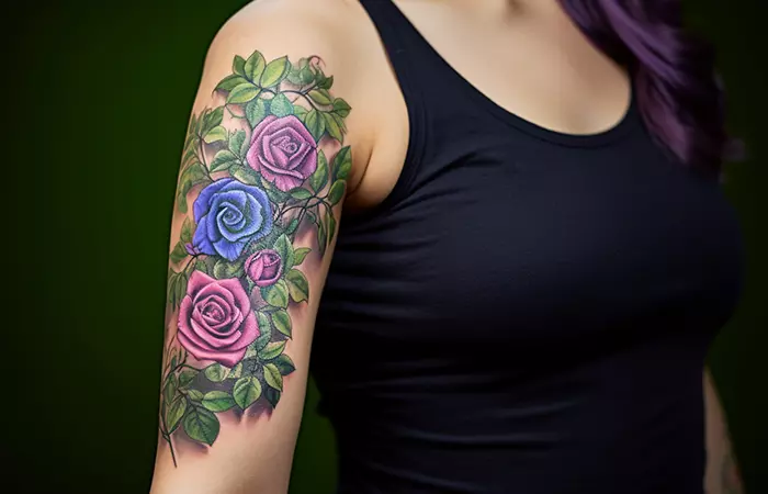 An old-school purple and blue rose half-sleeve tattoo
