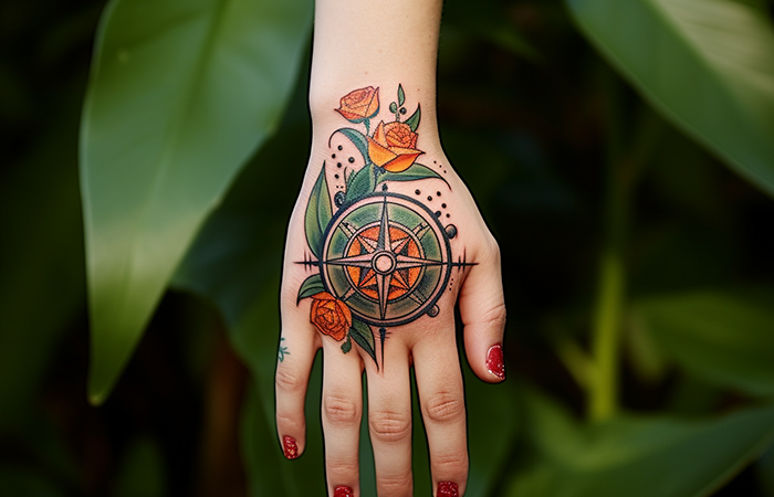 An orange rose and compass tattoo design on the back of the hand