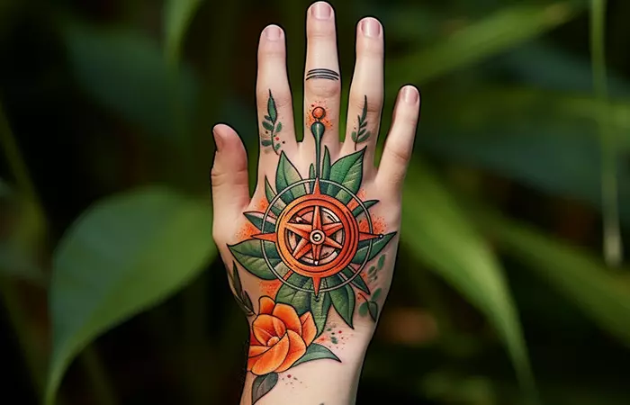 An orange rose and compass tattoo on the back of the hand
