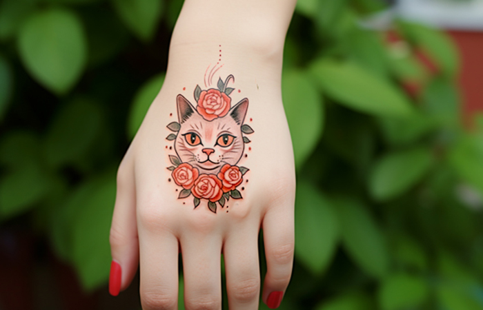 An orange rose and ginger cat tattoo on the back of the hand