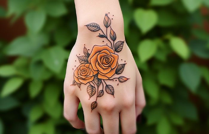 An orange rose hand tattoo using orange and black color palette