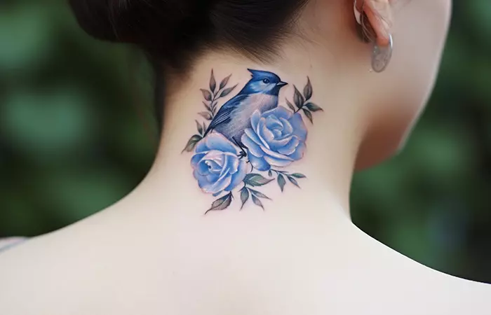 A bluebird and rose neck tattoo