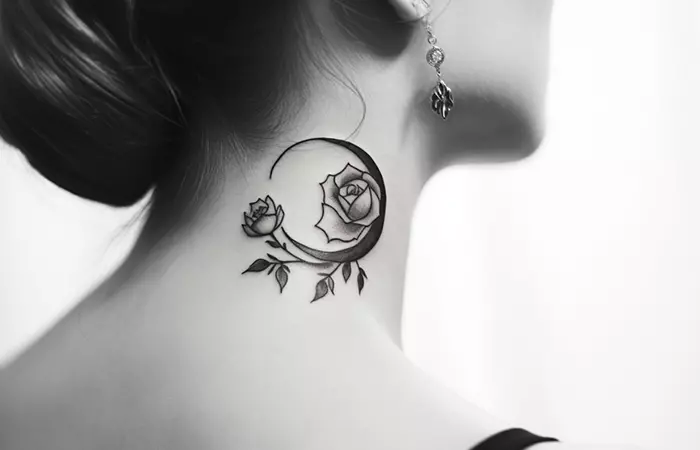 A crescent moon and rose neck tattoo