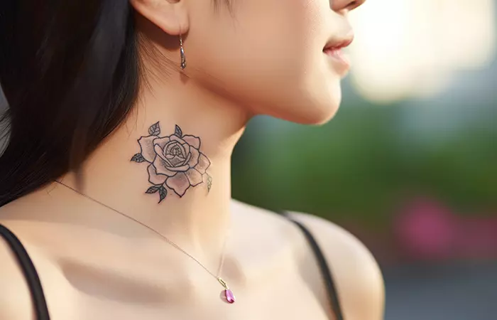A black and gray fine line rose neck tattoo