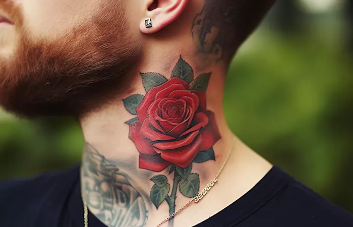 A realistic rose neck tattoo with dotwork details
