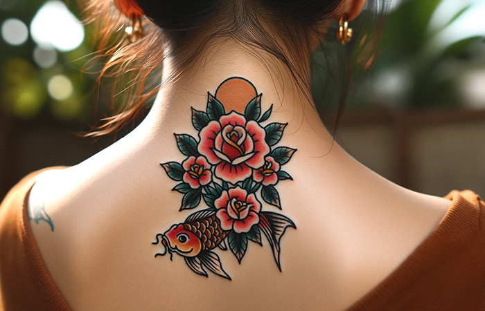A bold line red rose tattoo with koi fish on the spine