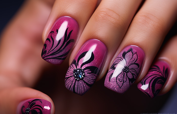 Dark pink ombré nails with black floral design