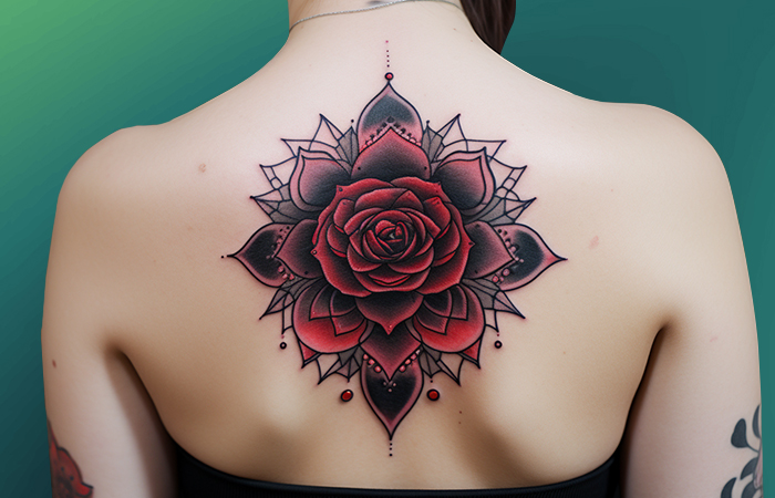 A mandala-style black and dark red rose tattoo on the back