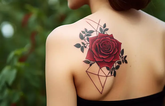 A dark red rose with geometric patterns tattooed on the shoulder blade