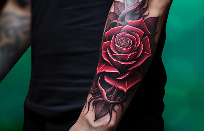 A dark red rose tattoo featuring reptilian elements
