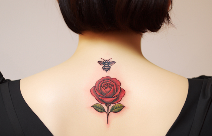 A honey bee and a dark red rose tattoo on the back