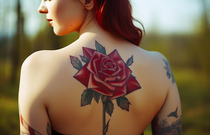  A geometric dark red rose tattoo on the back
