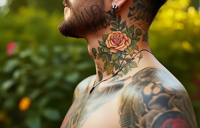 A coral wild rose neck tattoo under the ear