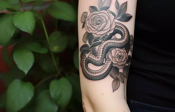 A rose and cobra realistic tattoo on the upper arm