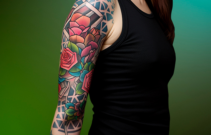 A stained glass style tattoo sleeve featuring red roses and colorful patterns