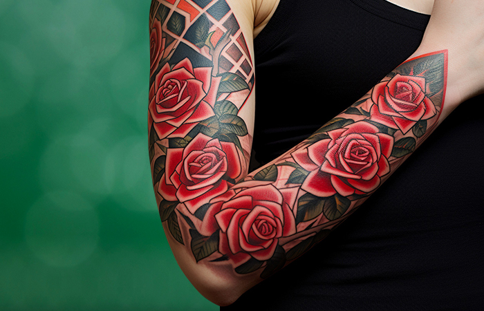 A dark red rose tattoo sleeve against a background of geometric shapes