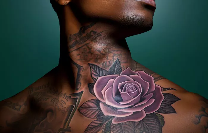 Pastel purple rose neck tattoo on the collarbone