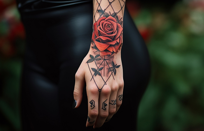 A red rose against criss-cross wires tattooed over the wrist