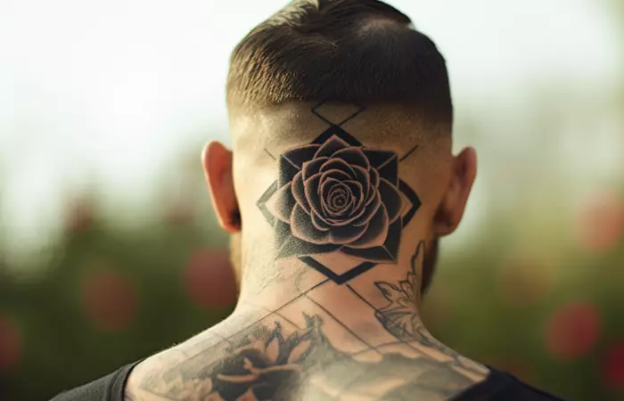 A geometric blackwork rose neck tattoo on the nape and scalp