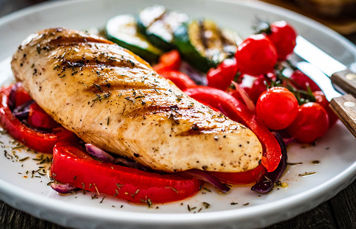 Zone diet recipe of grilled chicken and vegetable stir-fry 