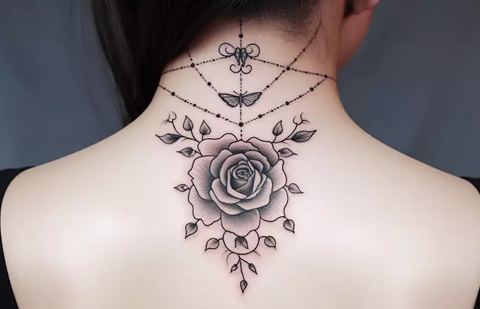 A black rose neck tattoo with butterflies