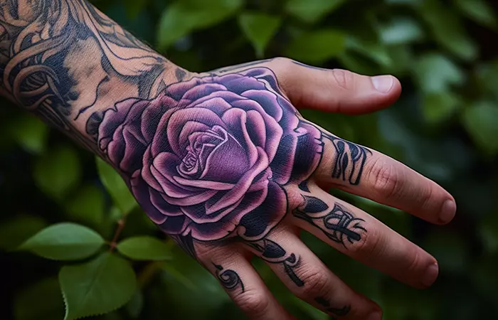 Large purple rose tattoo on the back of the hand