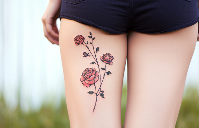 A simple and minimal sprig of red rose tattoo on the back of the thigh
