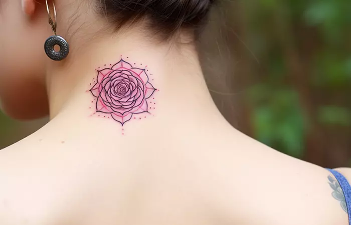 A minimal mandala rose neck tattoo