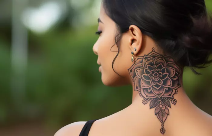 A traditional mandala black rose neck tattoo