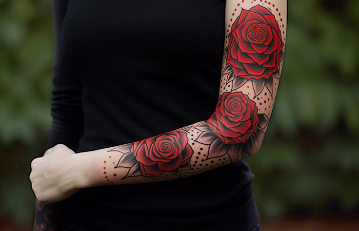 A red rose sleeve tattoo using a negative space element