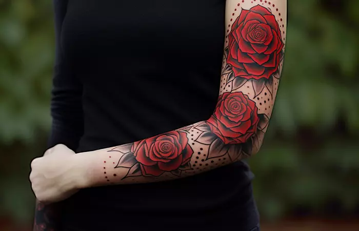 A red rose sleeve tattoo using a negative space element