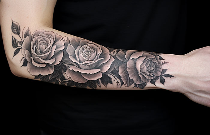 Cabbage rose tattoo on a man’s forearm