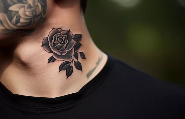 A black floribunda rose tattoo on the side of a man’s neck