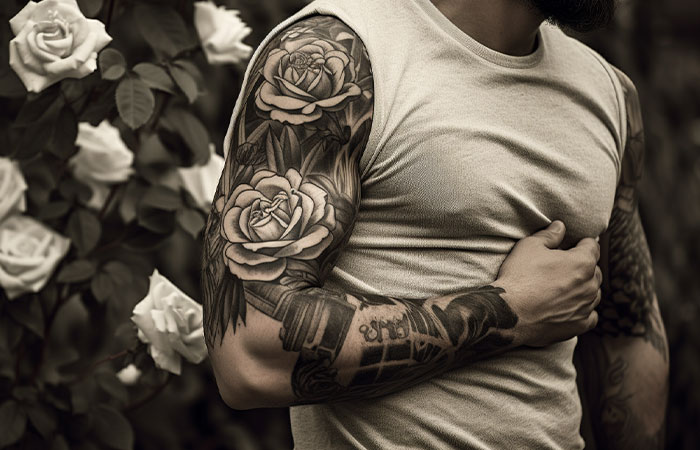 Black Sleeve Roses  Black art tattoo, Black sleeve tattoo, Black tattoo  cover up