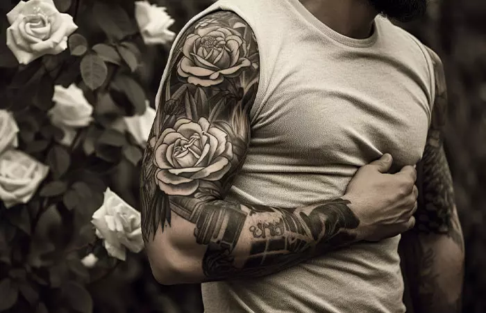 Black multiflora roses on a man’s shoulders and biceps