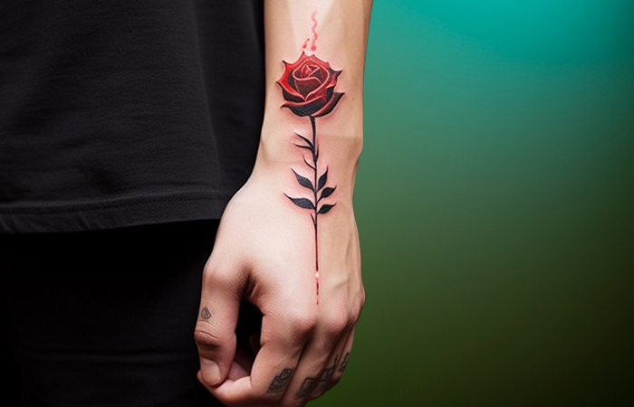 A red rose tattoo along the wrist with little flames coming out of it