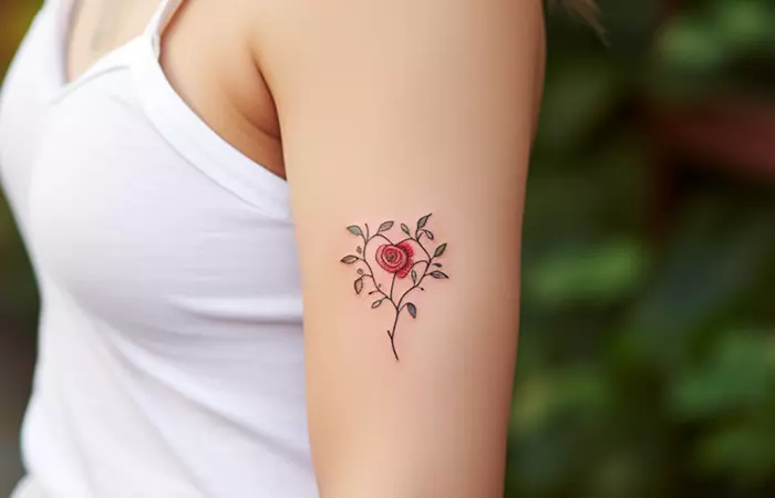 A small rose within vines in a heart shape