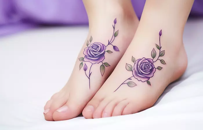 Minimal purple rose tattoo on the top of feet