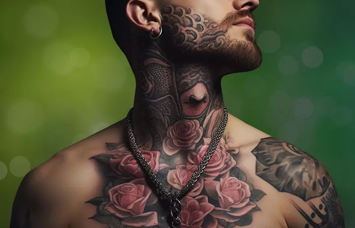 A reptilian rose neck tattoo at the base of the neck