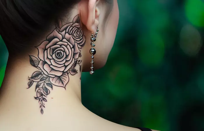 A bold line rose neck tattoo behind the ear