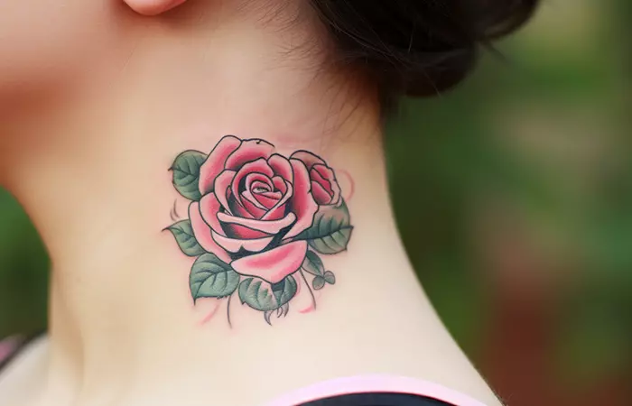 A retro-style pink rose neck tattoo below the ear