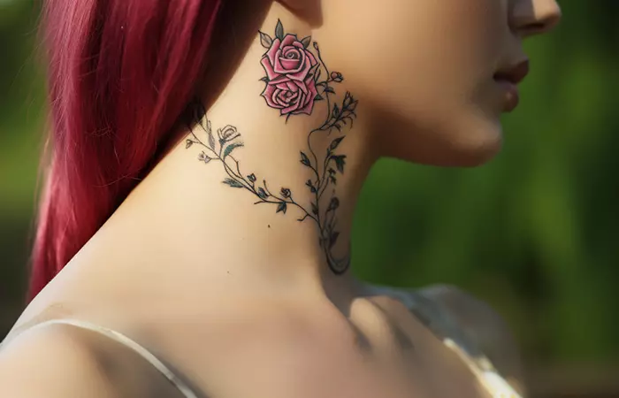 A wild rose neck tattoo with delicate vines